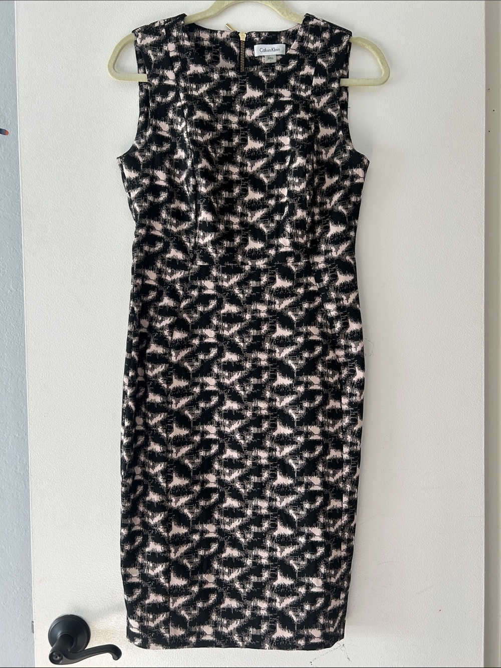 Calvin Klein Black and Blush Patterned Midi Sheath Dress